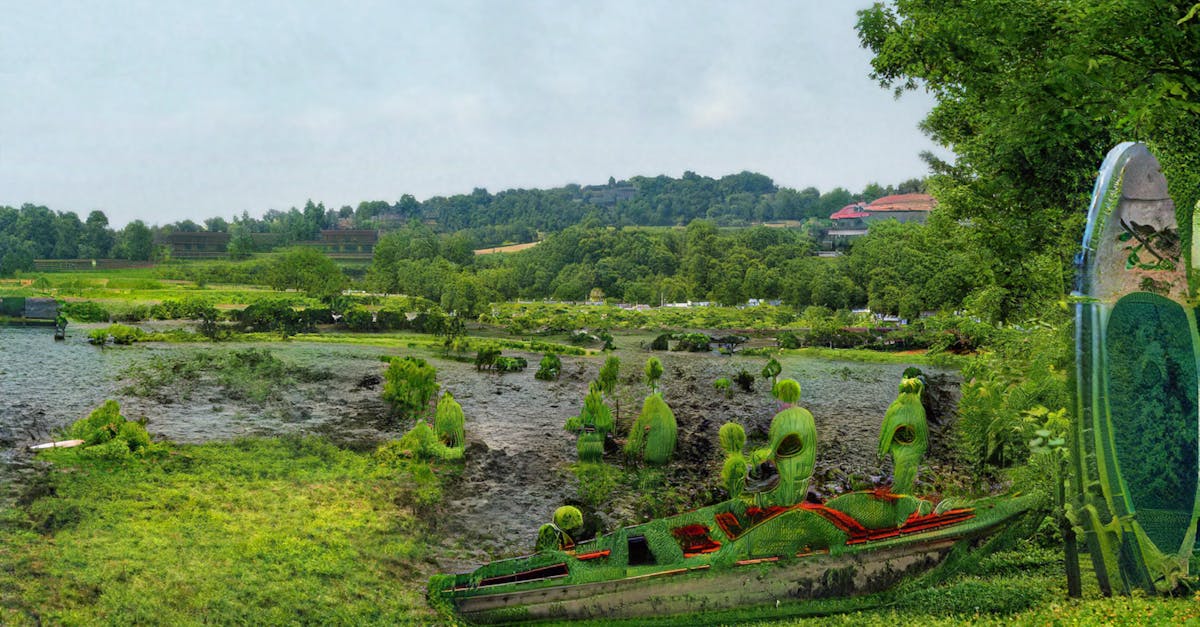 A surreal garden landscape with alien-like sculptures in Corfu, Greece, showcasing vibrant greenery.
