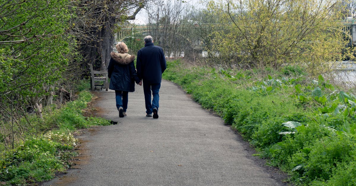 A senior couple strolls hand in hand along a peaceful park path in Hounslow, England.