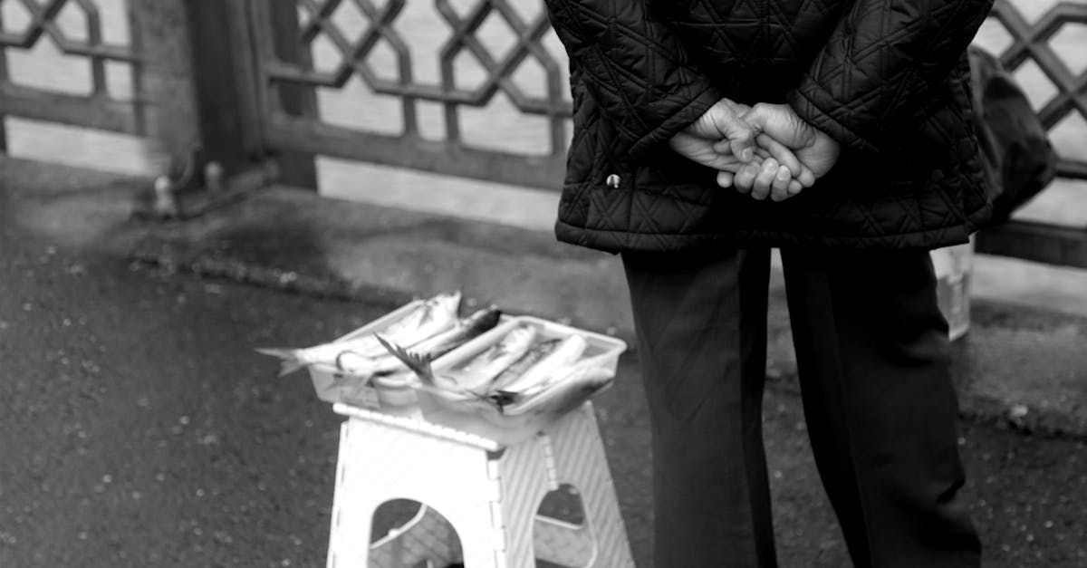Monochrome scene of a street vendor with fish on a folding chair by the river.