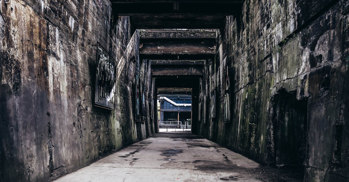 Explore the textured decay of an abandoned urban passageway, revealing industrial history.