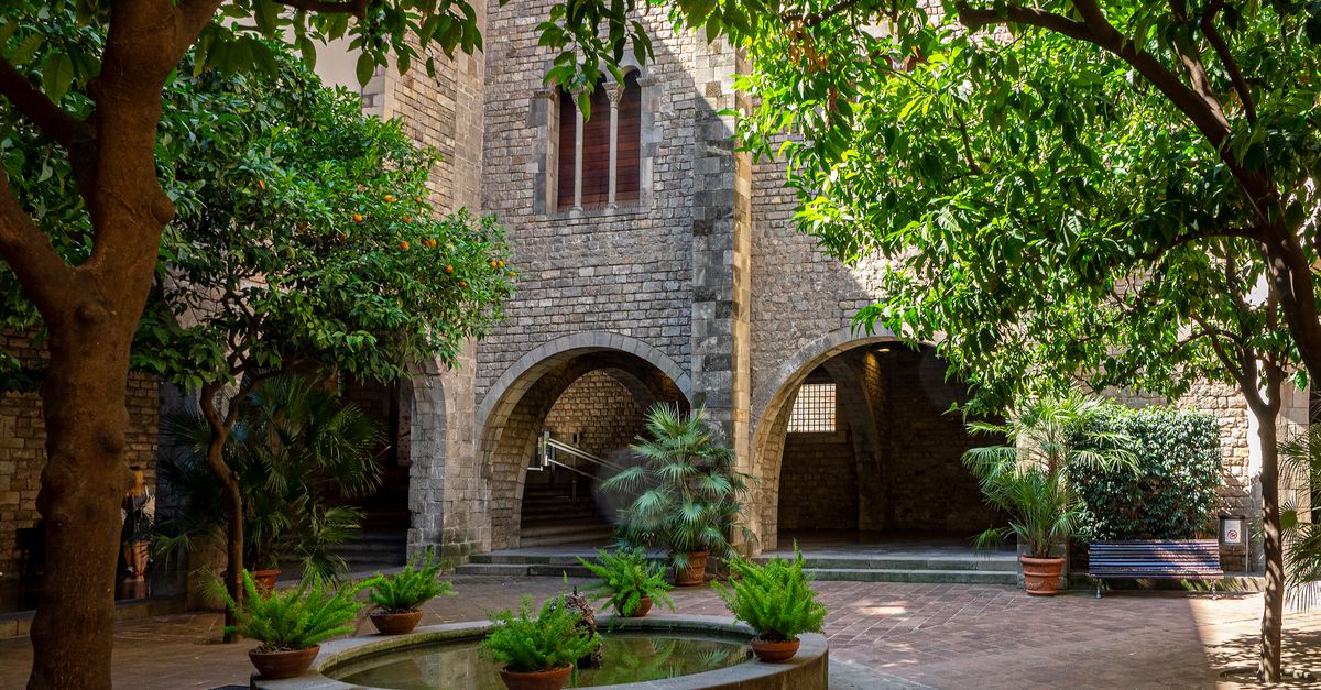 A serene courtyard in Barcelona featuring lush greenery and historic stone architecture.