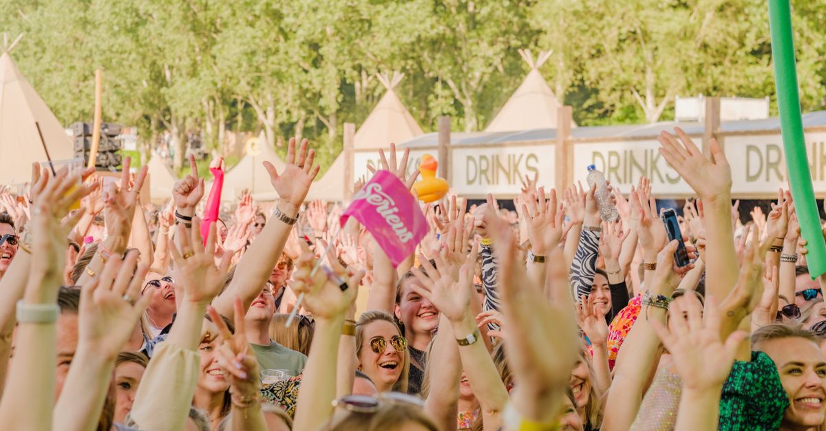 A vibrant outdoor festival scene with a crowd raising hands in excitement.