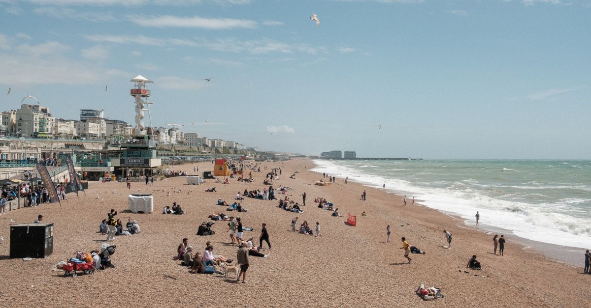 A lively scene at Brighton Beach with people enjoying a sunny day by the sea.