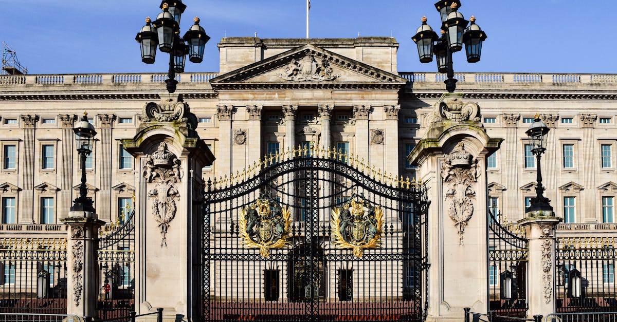 Front view of Buckingham Palace with iconic gates in London, England.