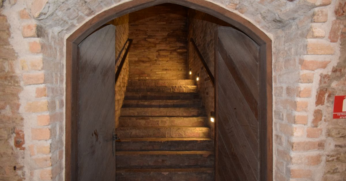Dimly lit stone stairway with vintage brick walls in Croatian winery.
