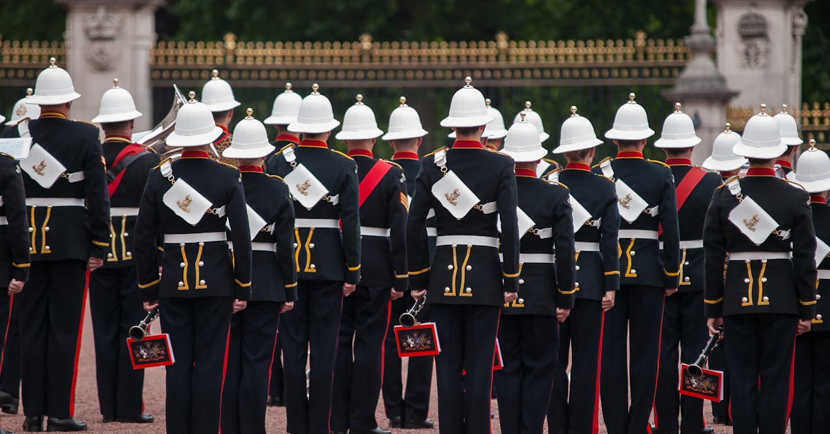 Ceremonial soldiers in traditional uniform back view at London's Buckingham Palace.