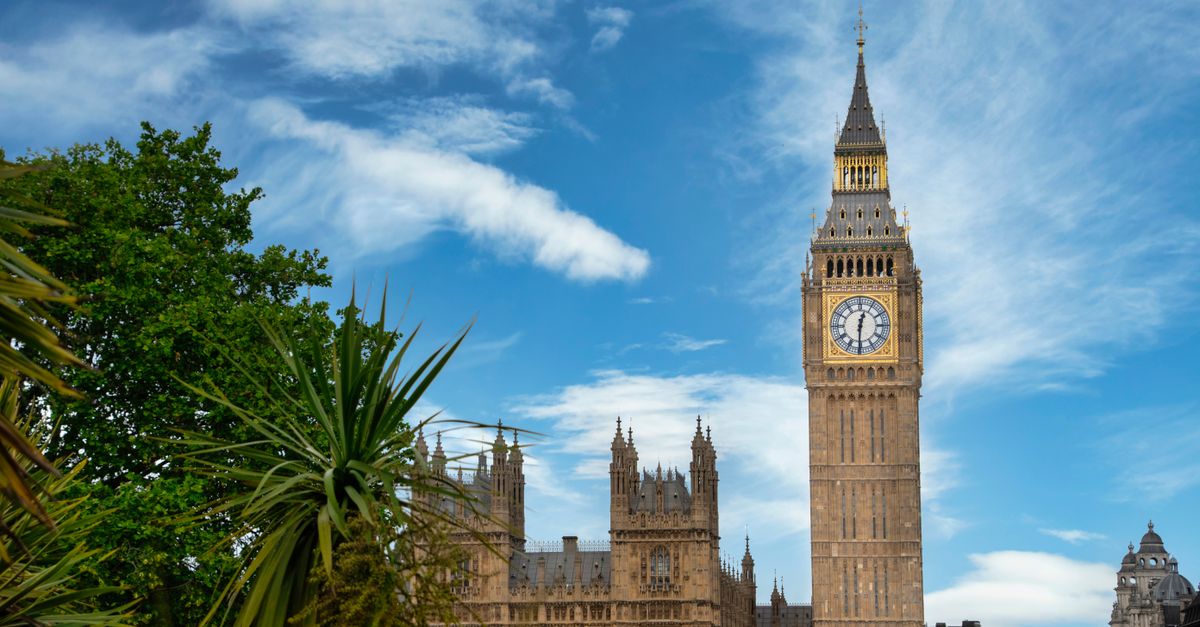 Iconic view of Big Ben and Houses of Parliament under a clear blue sky in London.