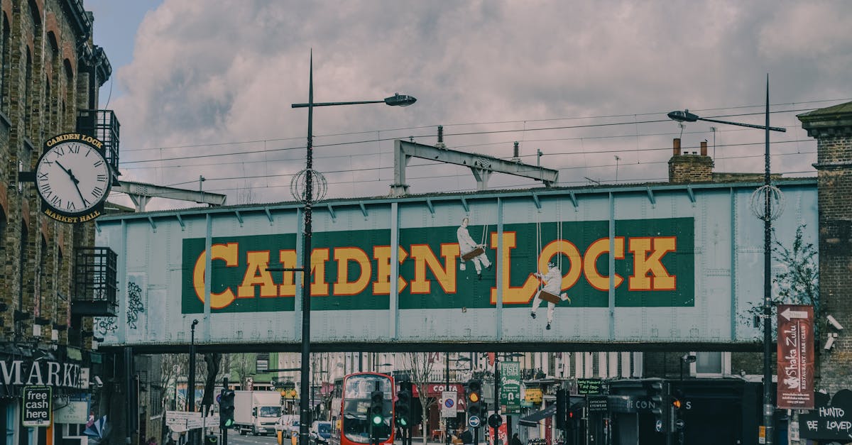 Vibrant view of Camden Lock bridge with bustling street scene in London, England.