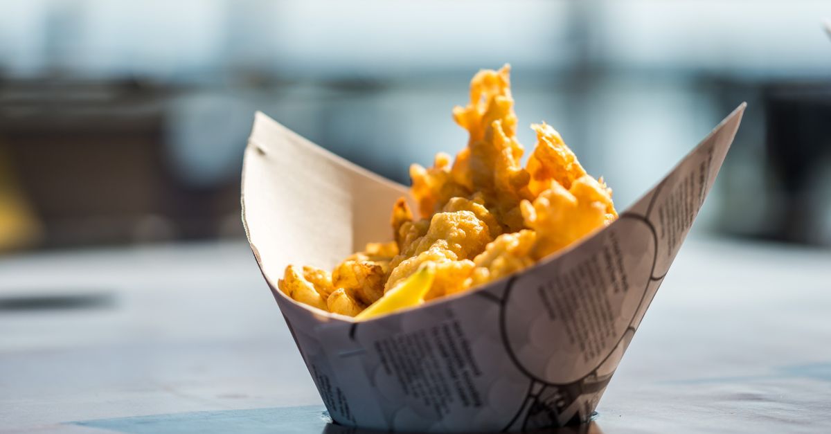 Delicious crispy fish and chips served in traditional paper, captured in Richmond, BC.
