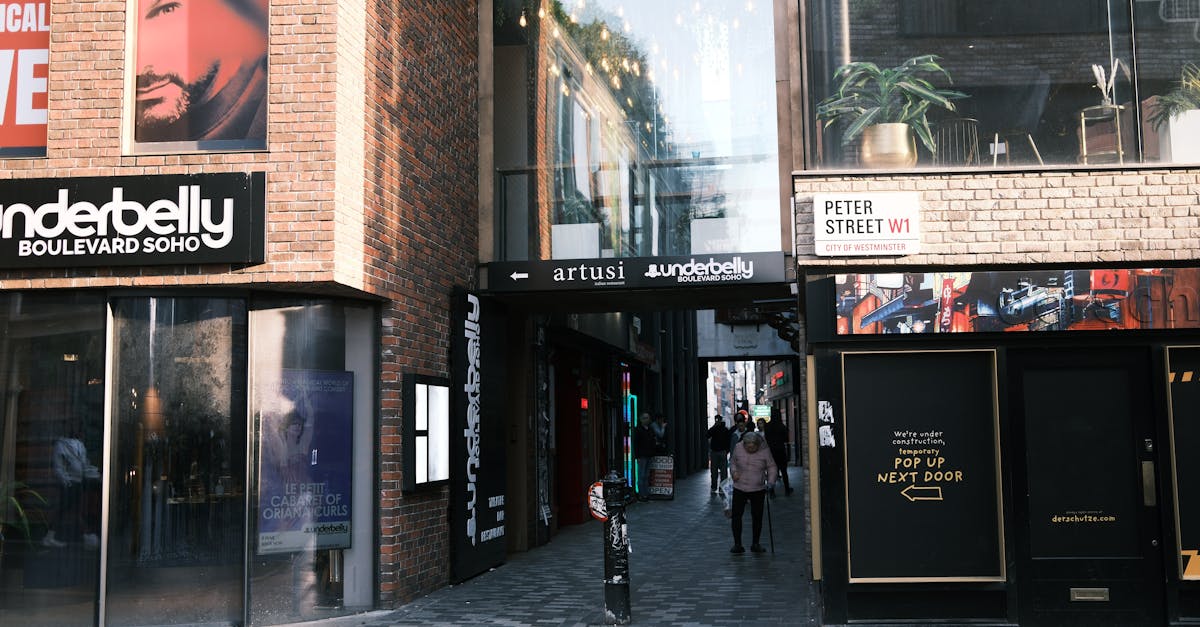 View of Underbelly Boulevard Soho entrance on Peter Street, London with pedestrians.