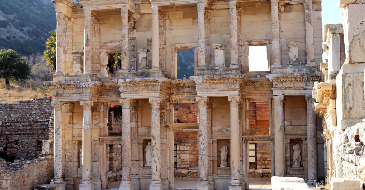 Historic ruins of the Library of Celsus in Ephesus, showcasing ancient Greek architecture.