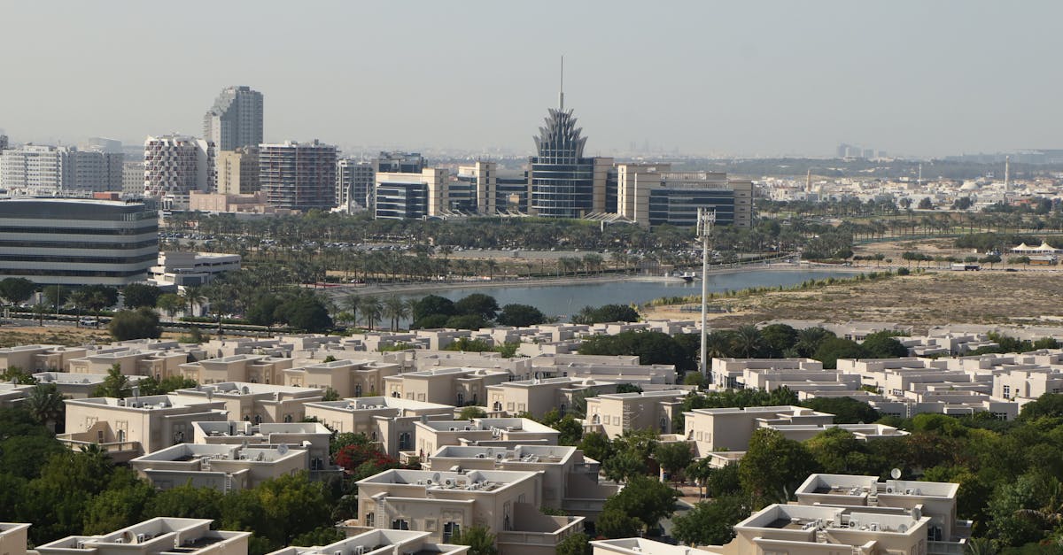 A scenic aerial view of Dubai Silicon Oasis with modern architecture and lush greenery.