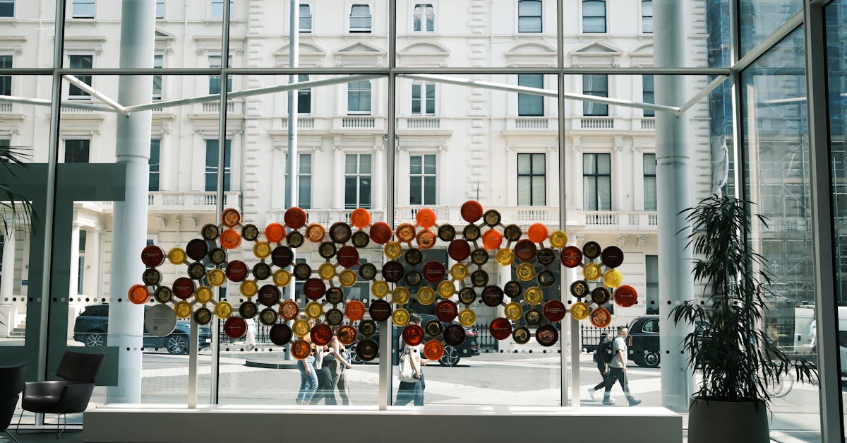 Vibrant urban art installation inside a lobby with street view.