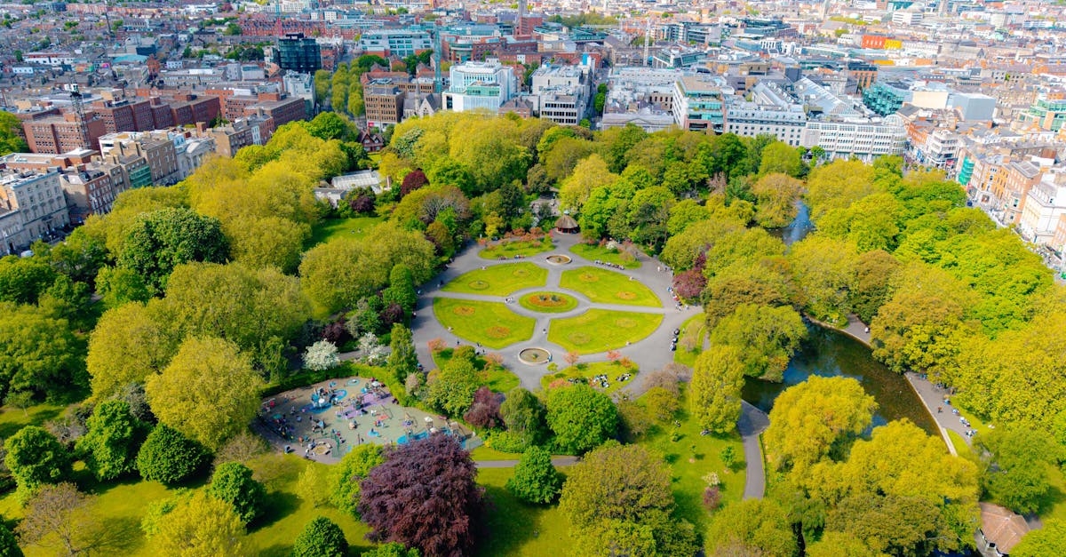 Stunning aerial view of St. Stephen's Green park amidst Dublin cityscape.