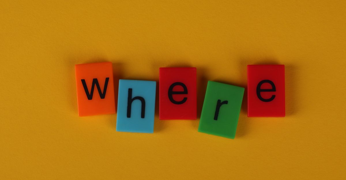 Colorful letter blocks arranged on yellow background spelling 'Where'.