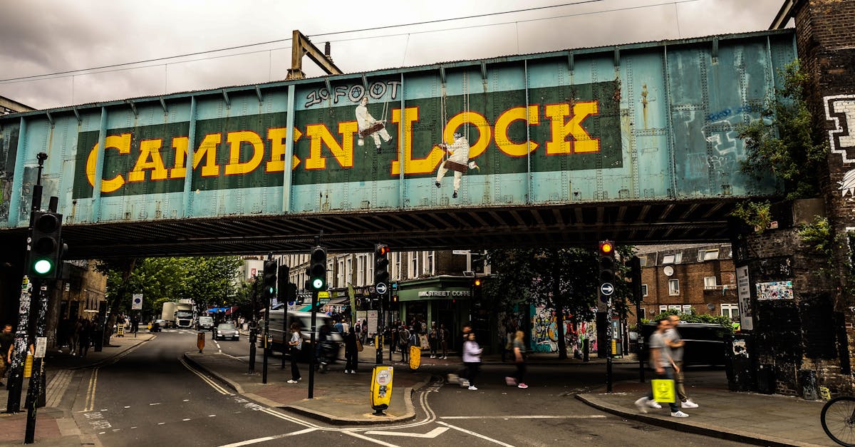 Vibrant city scene at Camden Lock Bridge in London, highlighting urban life.
