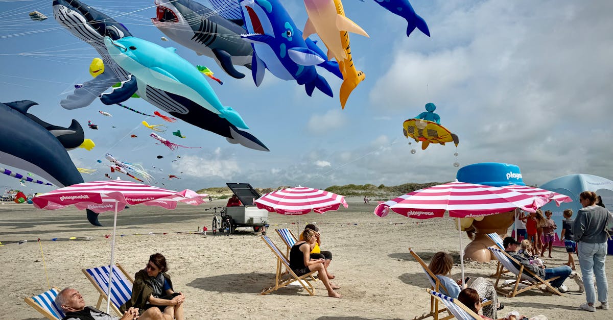 A lively beach scene with colorful animal kites flying high against a clear sky in Germany.