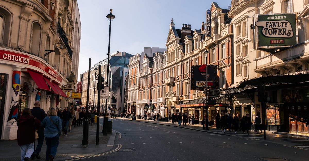 Bustling street in London featuring historic theatres and vibrant city life.