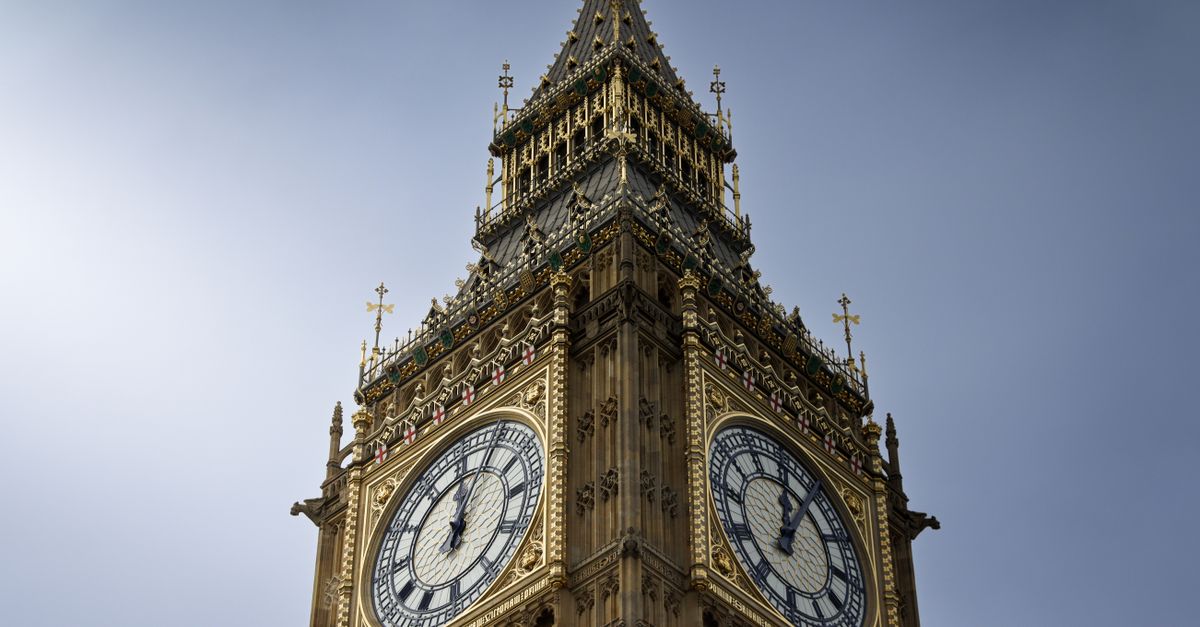 A close-up view of London's famous Big Ben clock tower under a clear blue sky.