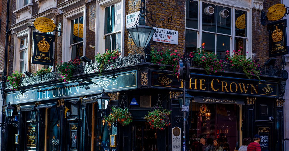Charming street view of The Crown Tavern in Soho, London.