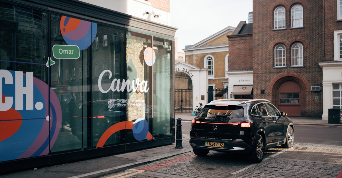 City street with modern car by a creative storefront display.