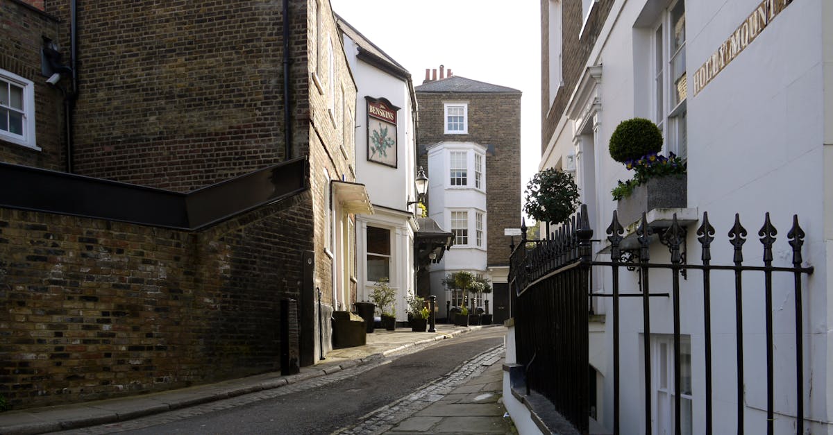 A picturesque narrow street in Hampstead, London showing historic buildings and architectural charm.
