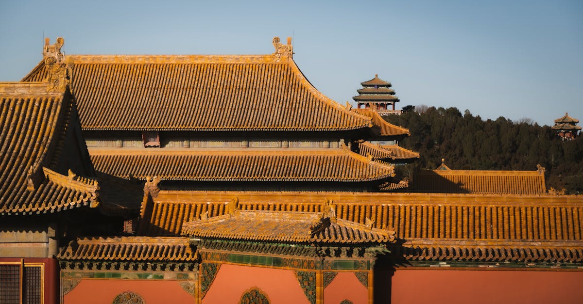 A stunning view of the Forbidden City's golden roofs in Beijing at sunset.