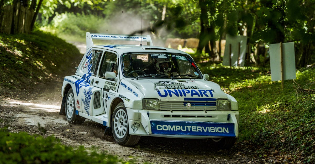 White rally car speeding through a wooded trail in Southampton, England.