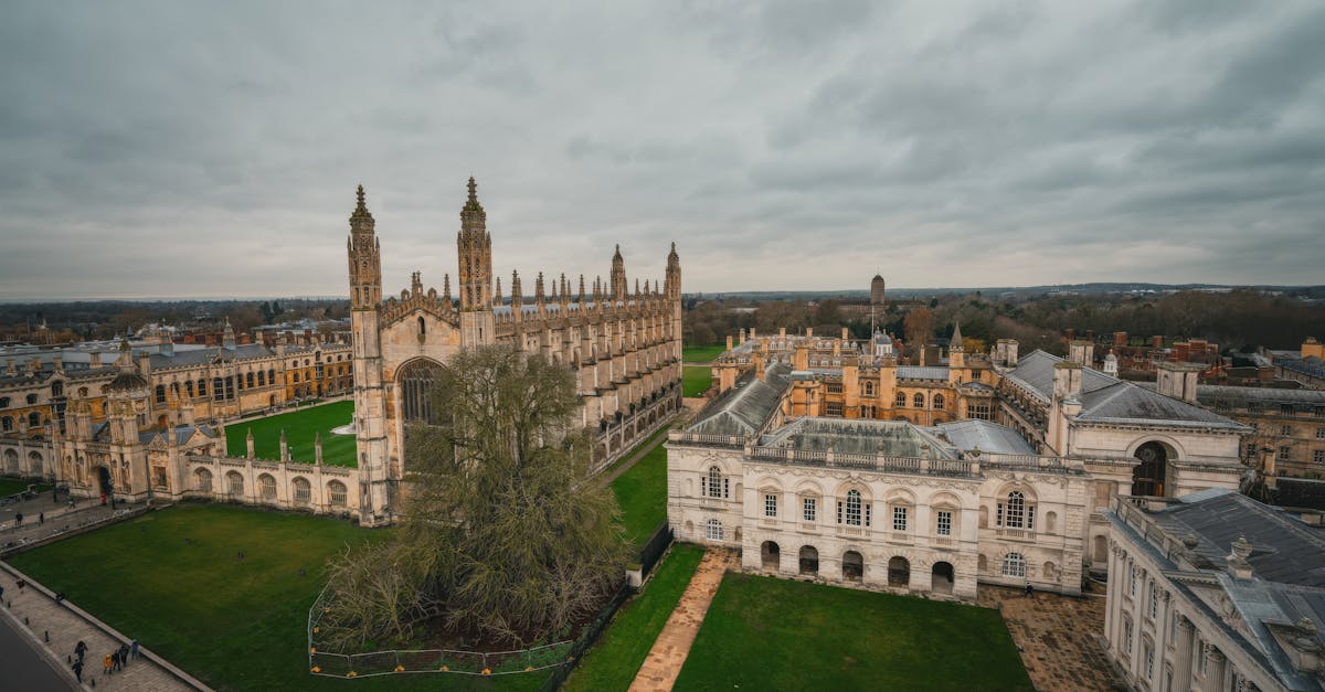Stunning aerial shot of King's College Chapel, Cambridge, on a cloudy day.