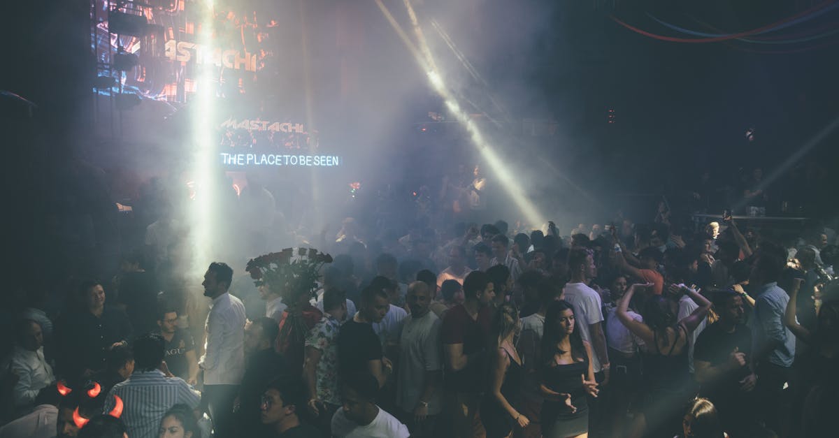 Exciting nightclub scene with a dancing crowd, vibrant lights, and music atmosphere.