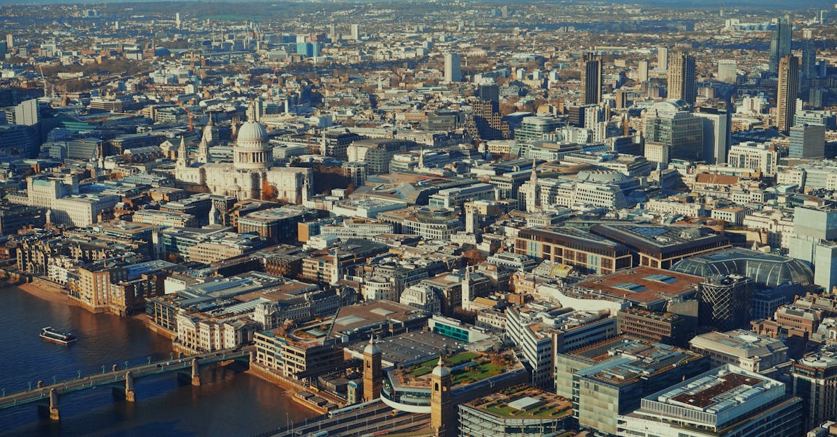 A breathtaking aerial view of London's urban skyline showcasing St. Paul's Cathedral and the River Thames.