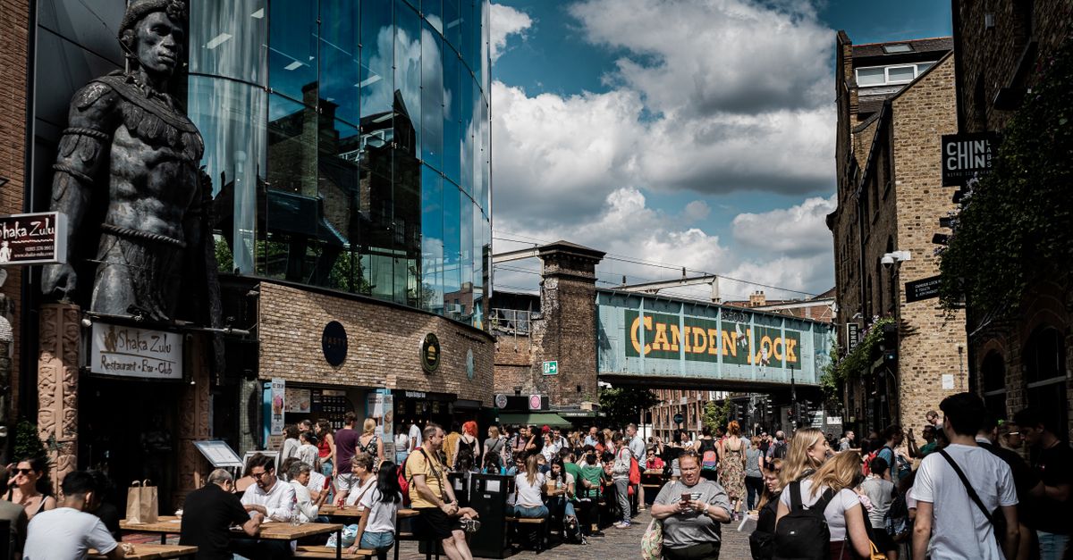 Busy day at Camden Market in London with vibrant street life and iconic landmarks.