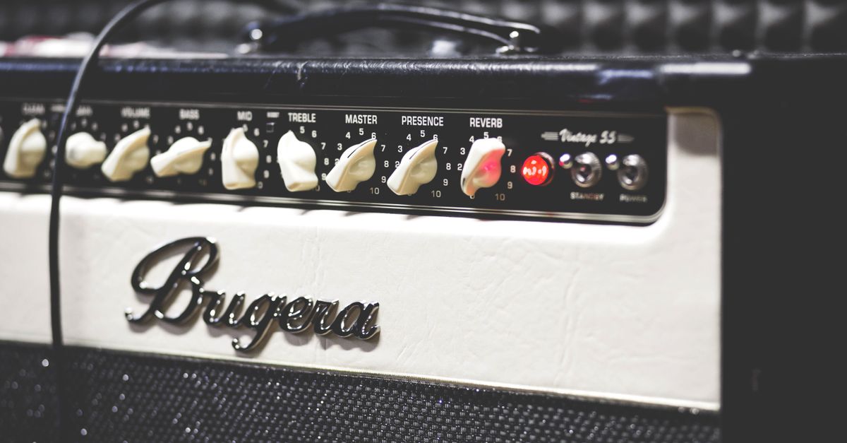 Detailed shot of a Bugera Vintage 55 guitar amplifier in a sound studio.